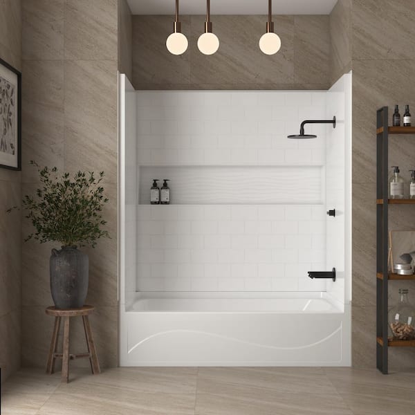 60 in. x 32 in. 4-Piece Direct-to-Stud Alcove Tub Surround With Right Drian Soaking Bathtub Combo in White