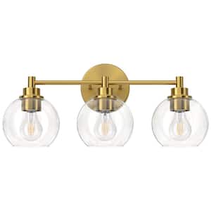 19.5 in. 3-Light Antique Brass Vanity Light with Clear Glass Shade E26 Sockets for Bathroom Bedroom Hallway Living Room