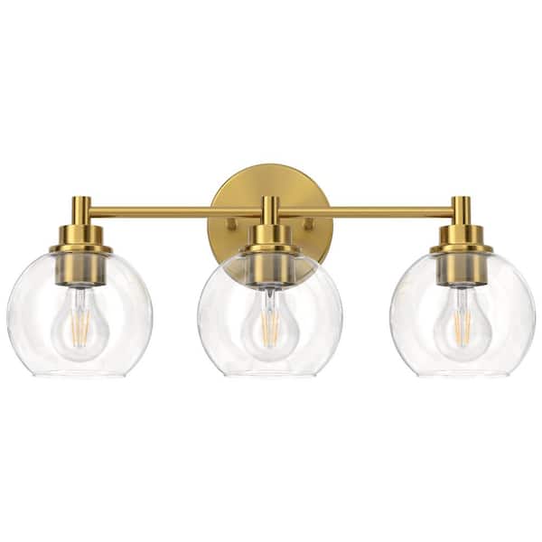 Merra 19.5 in. 3-Light Antique Brass Vanity Light with Clear Glass Shade E26 Sockets for Bathroom Bedroom Hallway Living Room