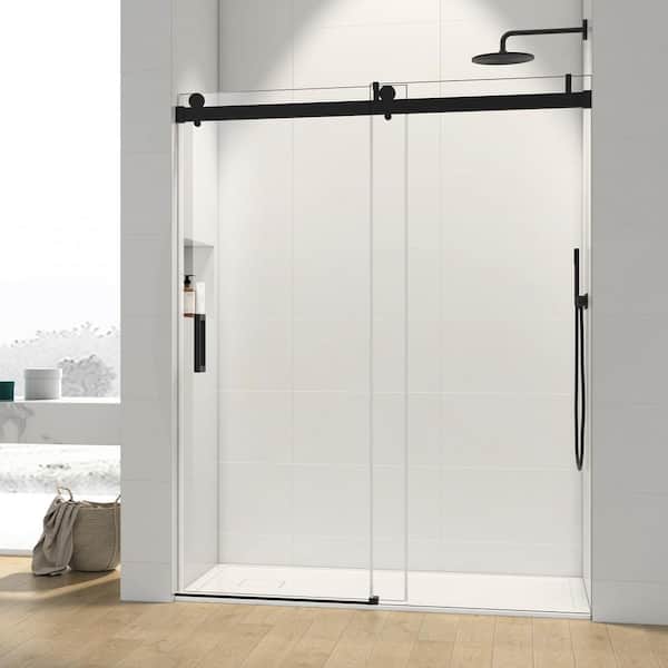 grossag 72 in. W x 76 in. H Frameless Sliding Tub Door in Matte Black with 10mm Clear Glass, Grab Bar and Exposed Rollers