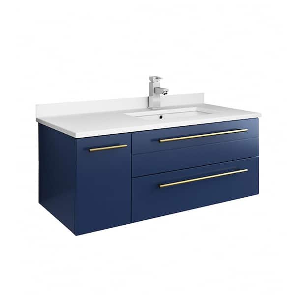 Fresca Lucera 36 in. W Wall Hung Bath Vanity in Royal Blue with Quartz Stone Vanity Top in White with White Basin