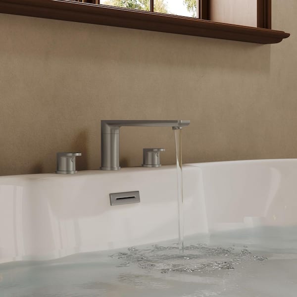 2-Handle Deck-Mounted Low Arc Roman Tub 1-Spray Tub and Shower Faucet 2.8 GPM in Brushed Nickel Valve Included
