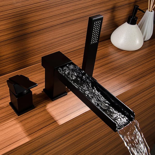 Waterfall Single-Handle Deck-Mount Roman Tub Faucet with Hand Shower in Matte Black