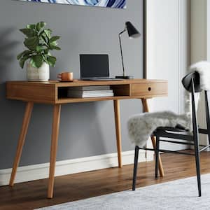 Parker 42 in. Walnut Modern Home Office Small Writing Desk for Computer or Laptop W/Open Storage Cubby and Small Drawer