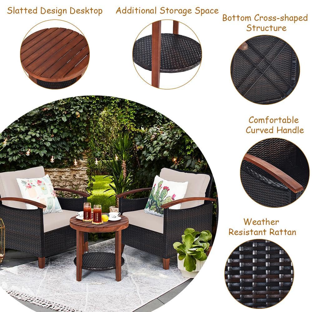 Beige Acacia Wood and Rattan Outdoor Bistro Set