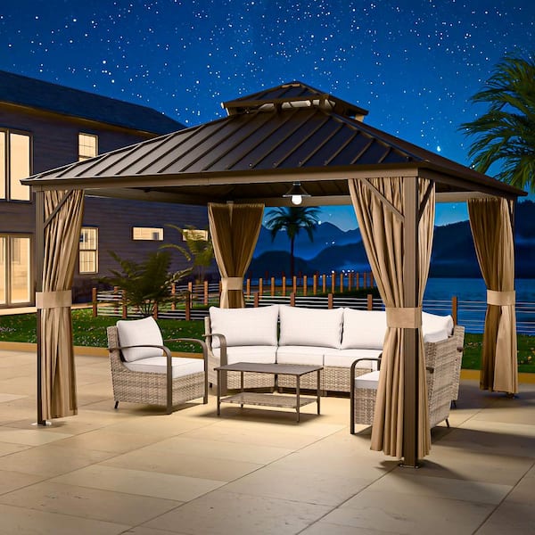 12 ft. D x 12 ft. W Patio Galvanized Steel Roof Aluminum Frame 2-Tier Hardtop Gazebo with Curtains and Netting, Brown