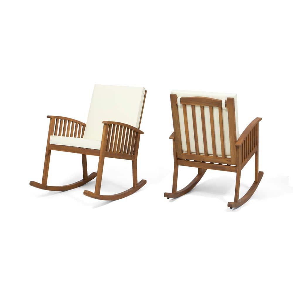 Brown Patina Acacia Wood Rocking Chair with Cream Cushions