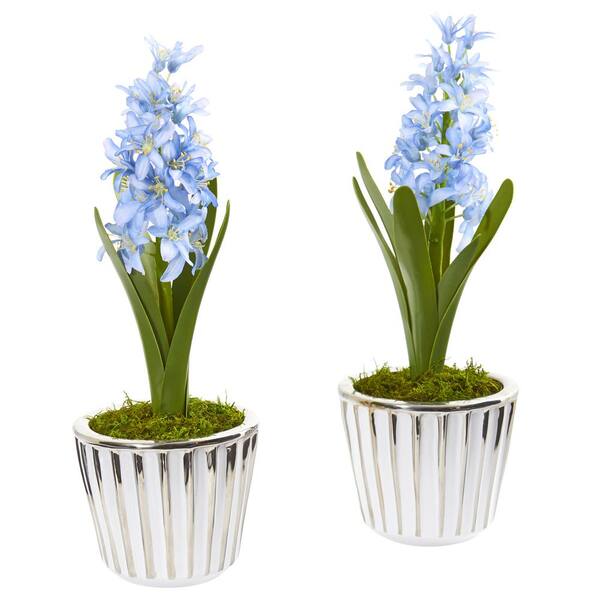 Nearly Natural 13 in. Hyacinth Artificial Arrangement in White Vase with Silver Trimming (Set of 2)