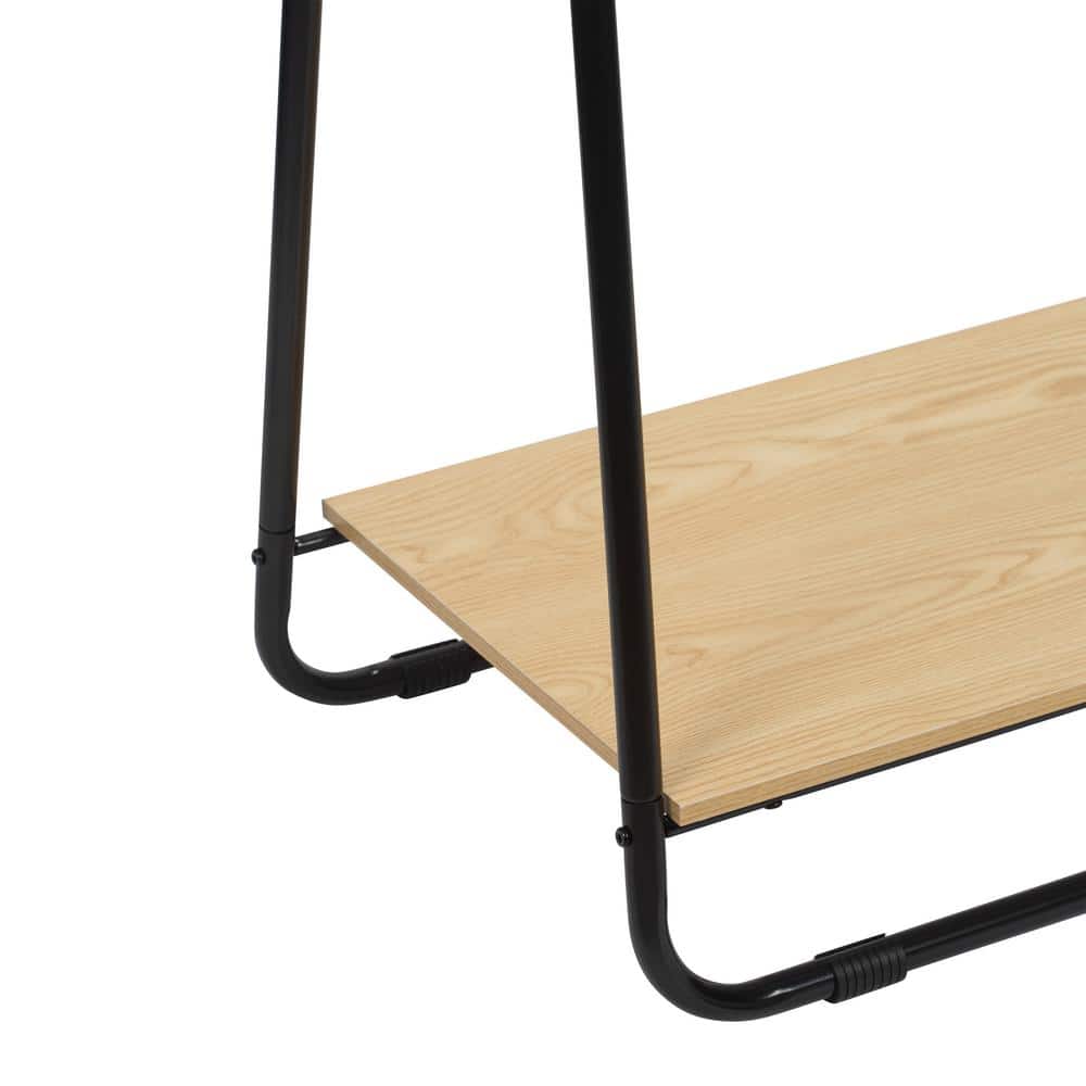 Black Metal Garment Rack with Light Brown Wooden Shelf