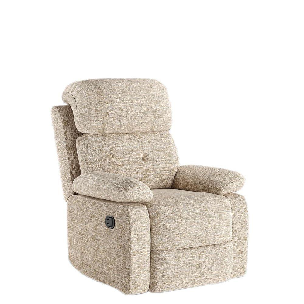 A beige textured fabric recliner sofa on a white background.