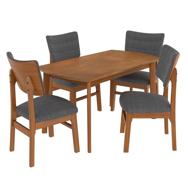 5-Piece Brown Wood Outdoor Dining Set with Gray Cushions Space-Saving Dinette Set