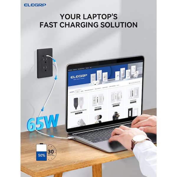 ELEGRP 65 Watt Dual USB C Outlet for Laptop Power Delivery 15 Amp Wall Outlet with USB C Ports with Wall Plate 1 Pack Black ER65WCC15 0201