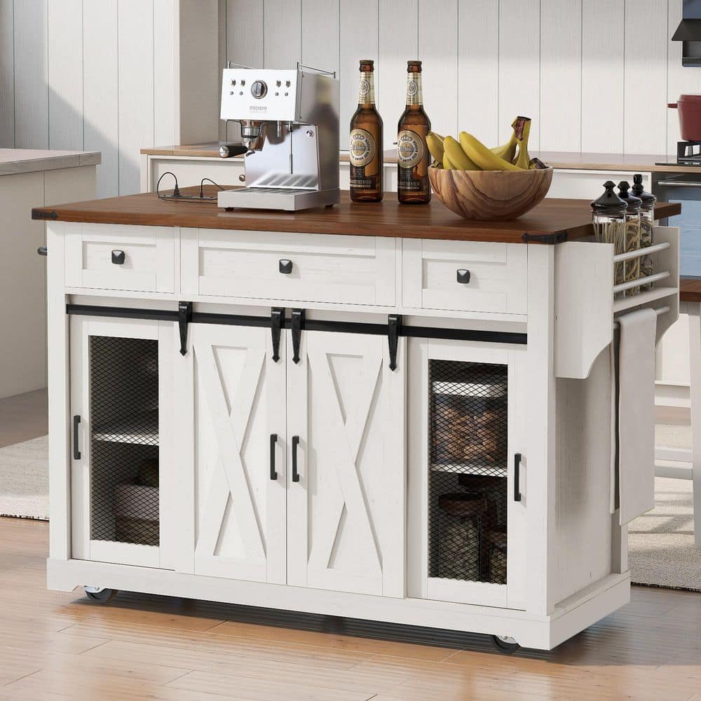 White Wood 55.51 in. Kitchen Island with Sliding Barn Door & Metal Grid Side Door and Spice Rack, Glass Holders price history on PriceWatchPro