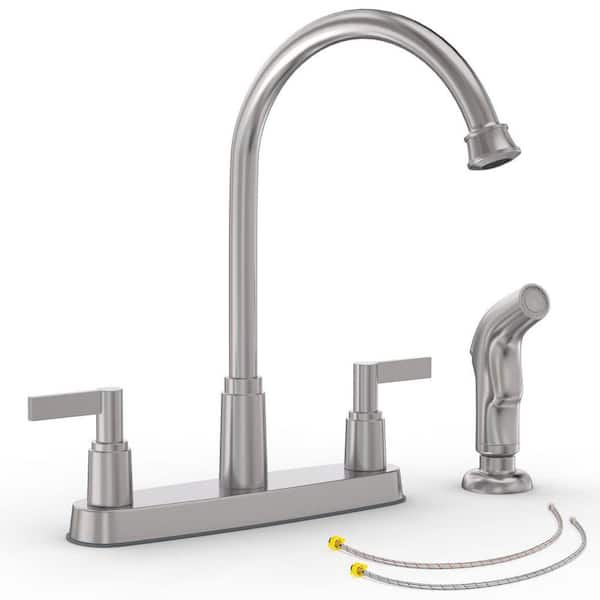 2-Handles Deck Mount 8 in. Centerset Standard Kitchen Faucet with Side Sprayer 3-Hole or 4-Hole in Brushed Nickel
