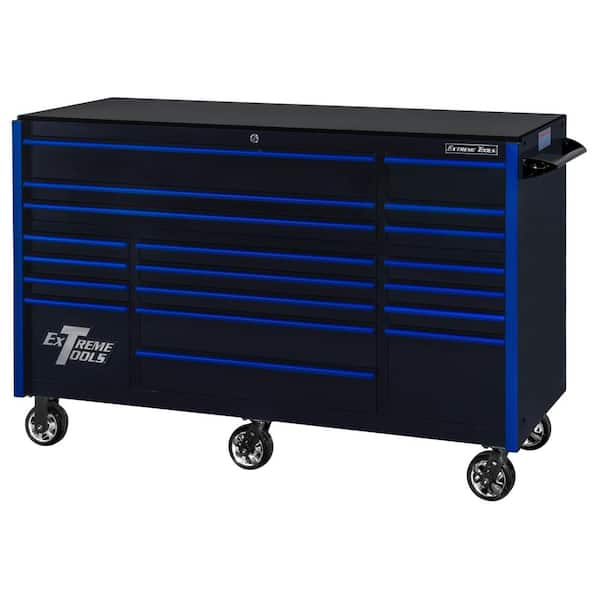 Extreme Tools 72 in. 19-Drawer Roller Cabinet Tool Chest in Black with Blue Drawer Pulls