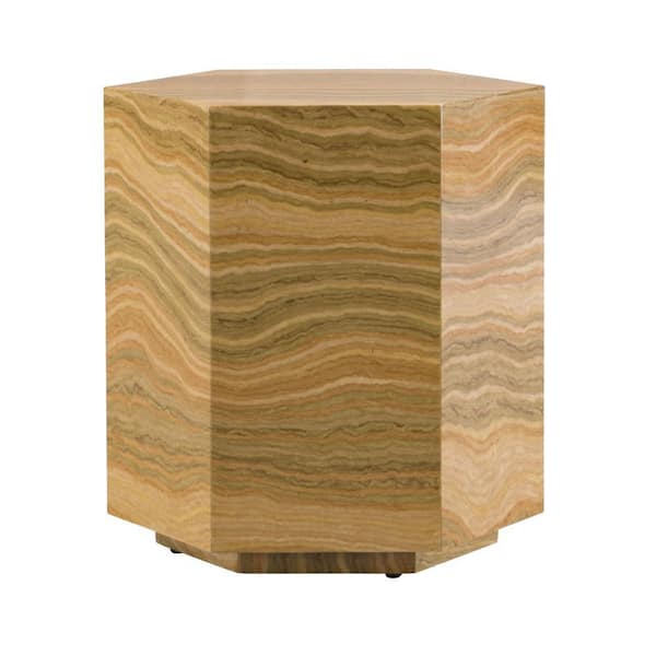 Benjara 20.5 in. Brown Hexagon Marble End Table with Wavy Textured Details