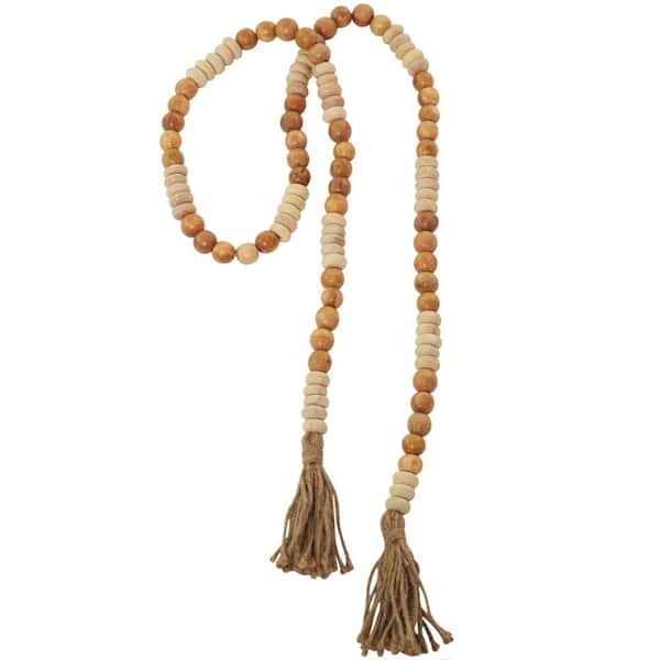 Litton Lane 80 in. Brown Handmade Mango Wood Round Long Carved Beaded Garland with Tassel