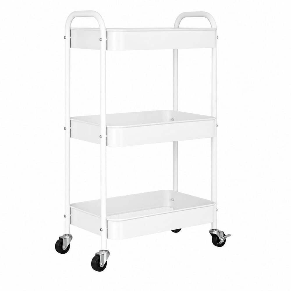 White 3-Tier Rolling Metal Storage Cart with Wheels, Multi-Functional Organizer for Office, Kitchen, Bathroom