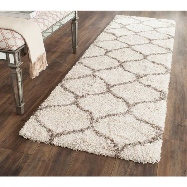 Hudson Shag Ivory/Gray 2 ft. x 14 ft. Geometric Trellis Runner Rug