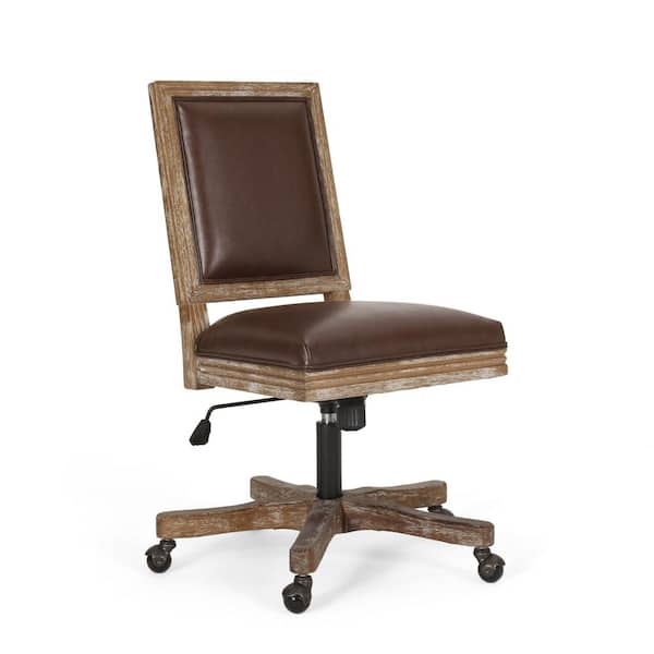 Noble House Printz Dark Brown and Natural Upholstered Swivel Office Chair