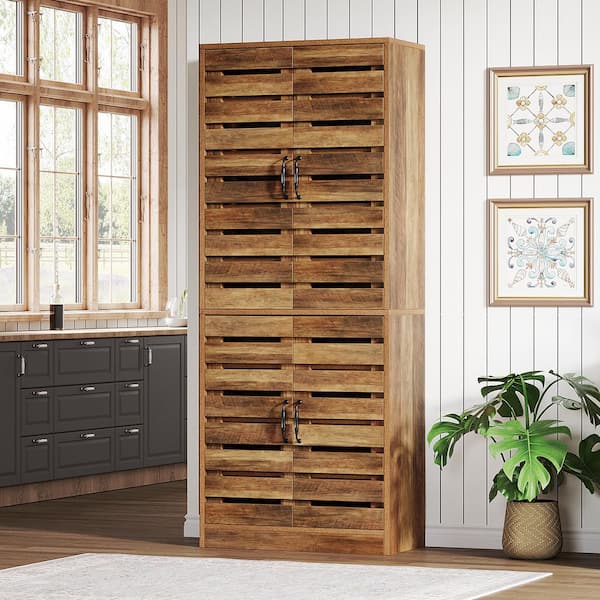 Keenyah Brown Kitchen Pantry Cabinet with Shutter Doors and 9-Tier Shelves, Storage Cabinet for Kitchen, Dining Room