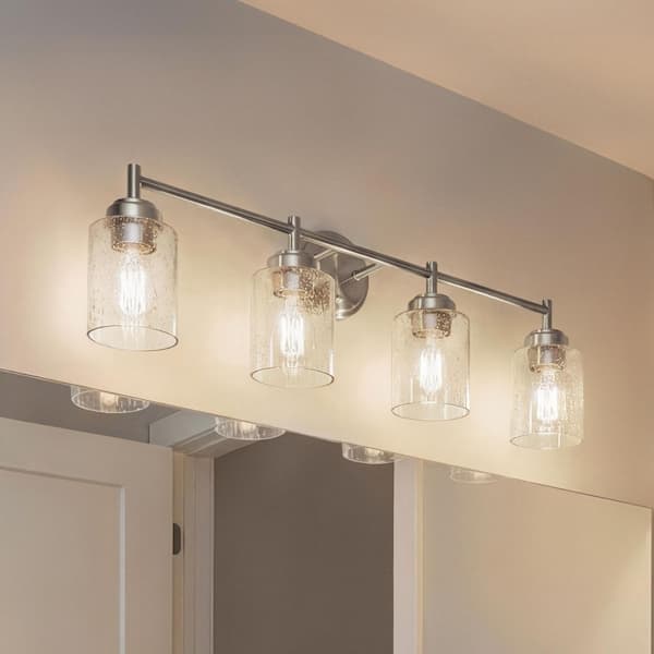 Winslow 30 in. 4-Light Brushed Nickel Contemporary Bathroom Vanity Light with Seeded Glass Shade
