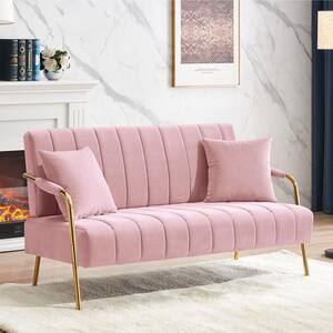 60.63 in. W Slope Arm Velvet Straight Sofa 2-Seat with Two Pillows and Golden Metal Leg in Pink