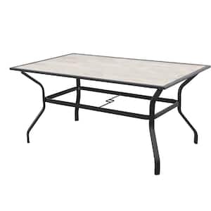 Rectangular Metal 59.8 in. x 37 in. x 28.3 in. Outdoor Dining Table with Umbrella Hole and Wood-Look Tabletop