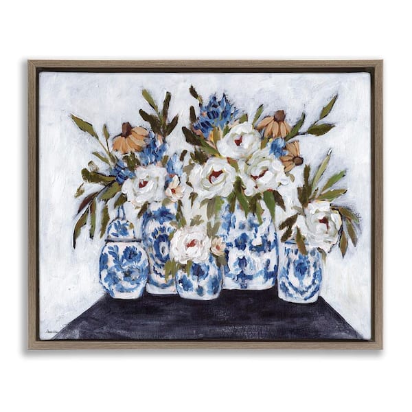 Stupell Industries Ornate Flower Pots Still Life by Amanda Hilburn Brown Floater Frame Nature Graphic Art Print 25 in. x 31 in.