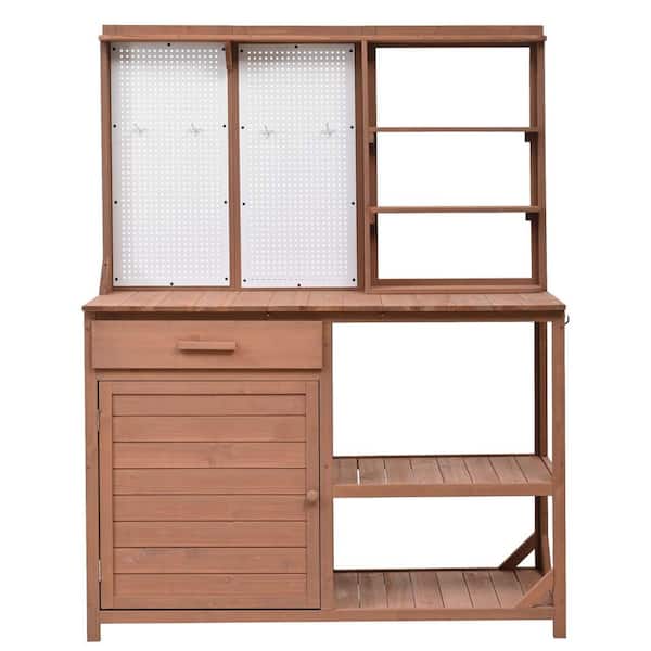 SUNRINX 50.2 in. W x 65.7 in. H Brown Fir Wood Potting Bench Hutch with Adjustable Storage