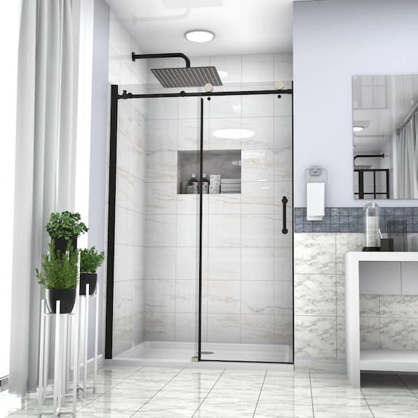 48 in. W x 76 in. H Single Sliding Semi-Frameless Shower Door in Matte Black Finish with Clear Glass
