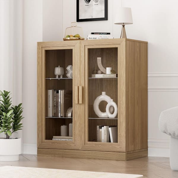 36 in. Tall Natural Wood Grain Wood 2-Shelf Standard Bookcase with Glass Doors, Storage