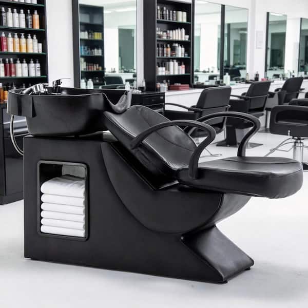 PU Leather Reclining Tilt Ergonomic Shampoo Bowl and Chair Set with Neck Rest and Side Storage for Salon in Black1