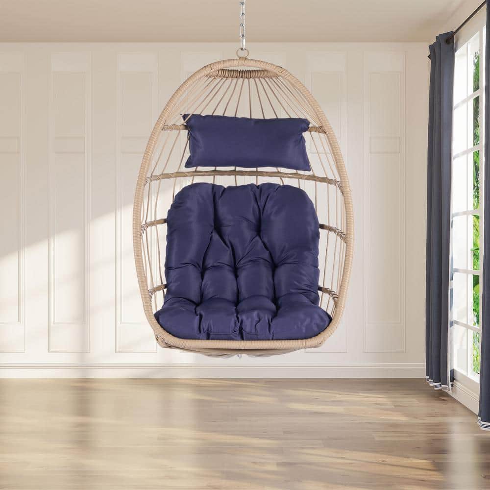 Wicker Outdoor Garden Porch Swing Chair Hanging Egg Chair with Dark Blue Cushions