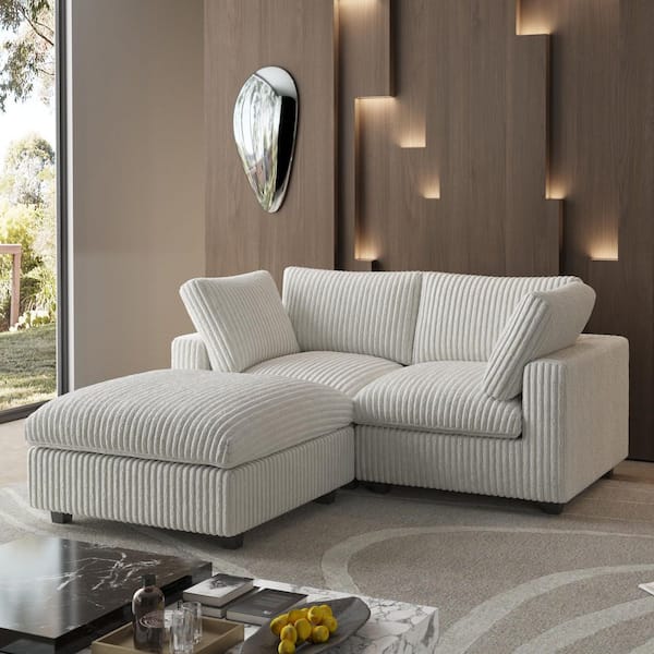 J&E Home 78.74 in. Rabbit Plush Fabric Square Arm 3-Piece L Shaped Modular Sectional Sofa in Beige with Ottoman