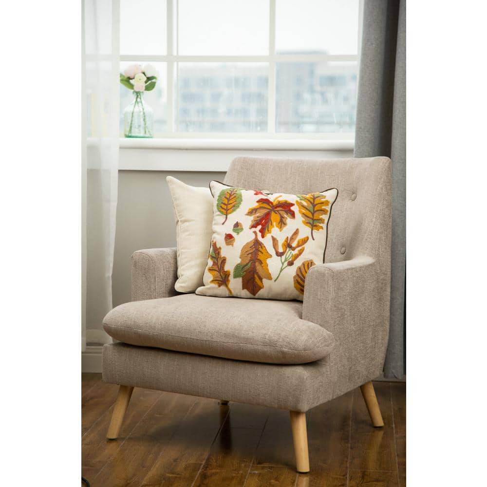Beige and Brown Embroidered Linen Square Thanksgiving Throw Pillow Set