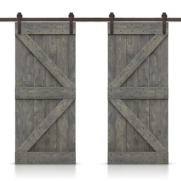 CALHOME K 88 in. x 84 in. Weather Gray Stained DIY Solid Pine Wood Interior Double Sliding Barn Door with Hardware Kit