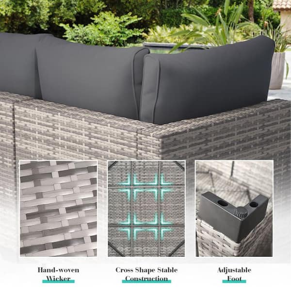 GUKOO Gray Wicker 7-Piece Metal Frame Sofa Seating Group with Gray Cushion
