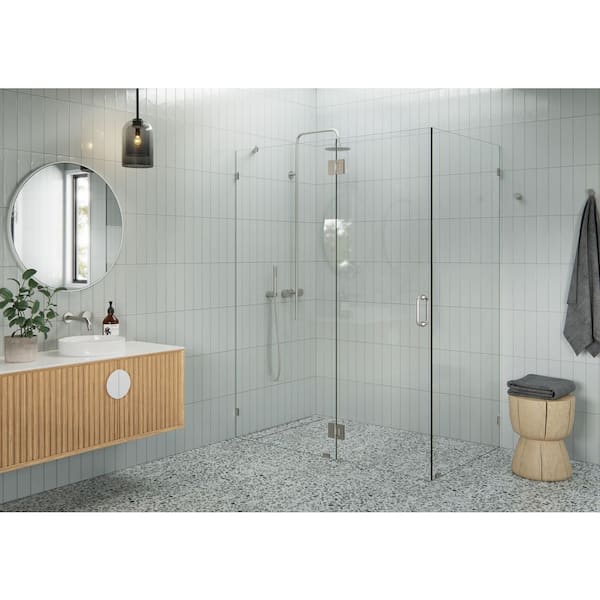 Glass Warehouse 60 in. W x 36 in. D x 78 in. H Pivot Frameless Corner Shower Enclosure in Brushed Nickel Finish with Clear Glass