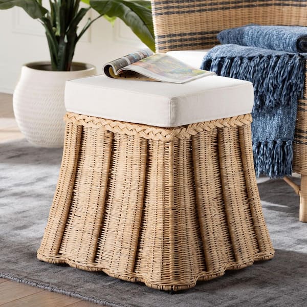 Rotem Natural Brown Rattan Ottoman with Fabric Cushion