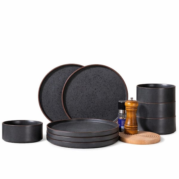 Ceramic Dinnerware Set for 4 with High Edge Stoneware Plates and Bowls Ashen Service for Four Oven Safe