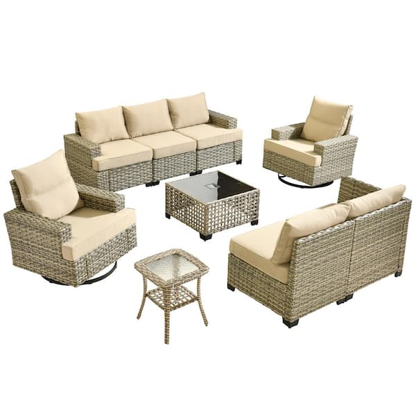Kelleys 9-Piece Wicker Outdoor Patio Conversation Sofa Sectional Furniture Set with Swivel Chairs and Beige Cushions