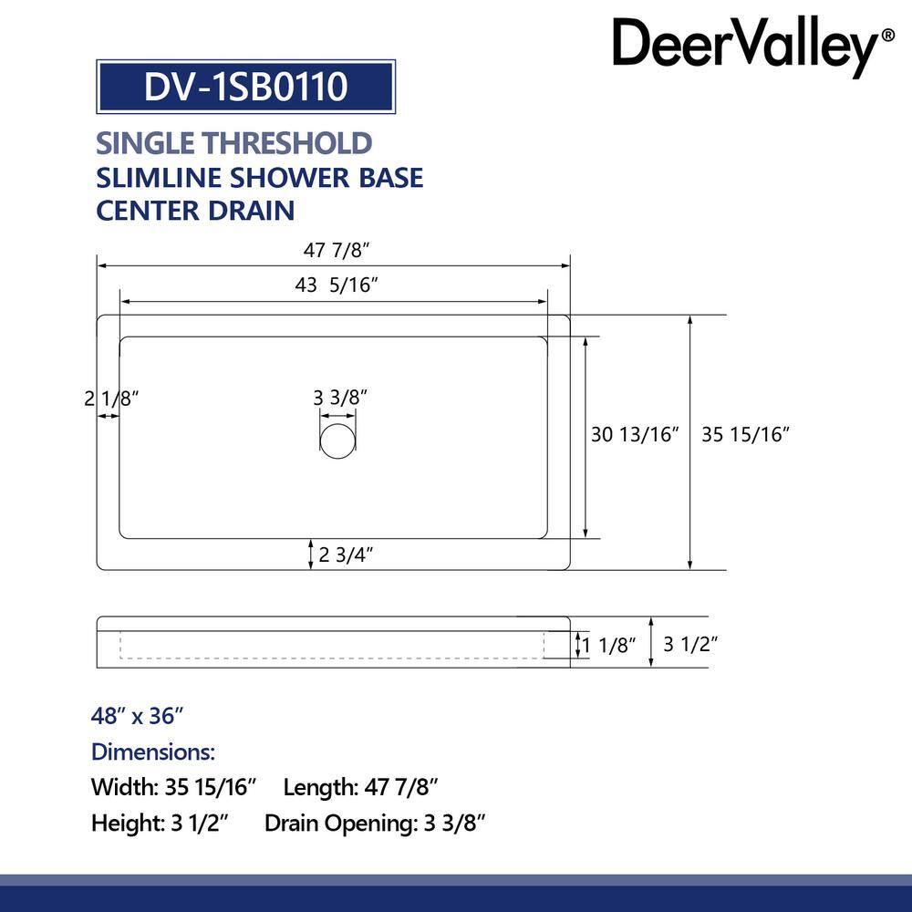 White Acrylic 48" Shower Base with Non-Slip Design