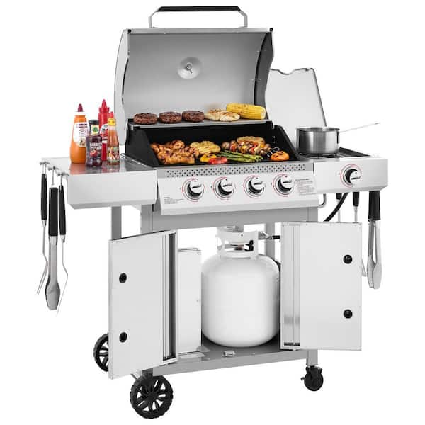 4-Burner Propane Gas Grill with Side Burner, Electronic Ignition, Cabinet-Style Cart Frame, for Backyard Cooking, Silver