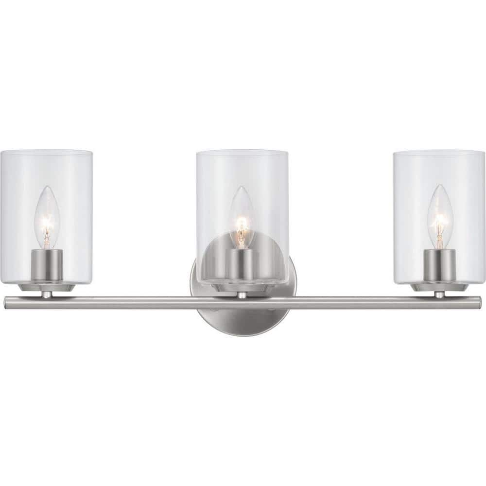 Hampton Bay Champlain 22.375 in. 3-Light Brushed Nickel Modern Bathroom Vanity Light with Clear Glass Shades