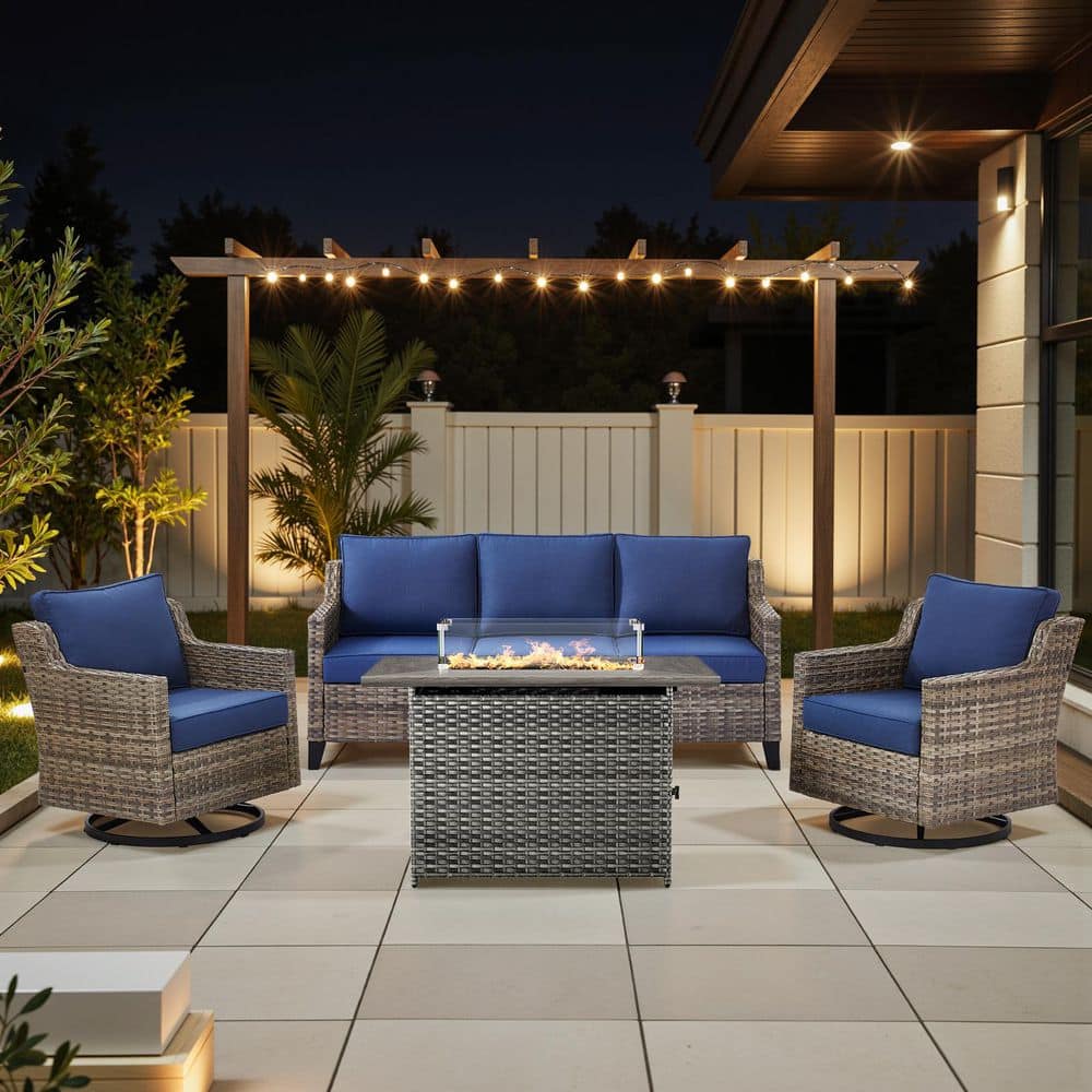 GlideRail Gray Swivel Glider Wicker Fire Pit Conversation Set with Blue Olefin 4 in. Thick Cushions (4-Piece) price history on PriceWatchPro