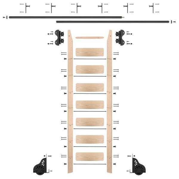 Quiet Glide 8 ft. Maple Library Ladder (9 ft. Reach) Black Rolling Ladder Kit with 12 ft. Rail and Vertical Brackets