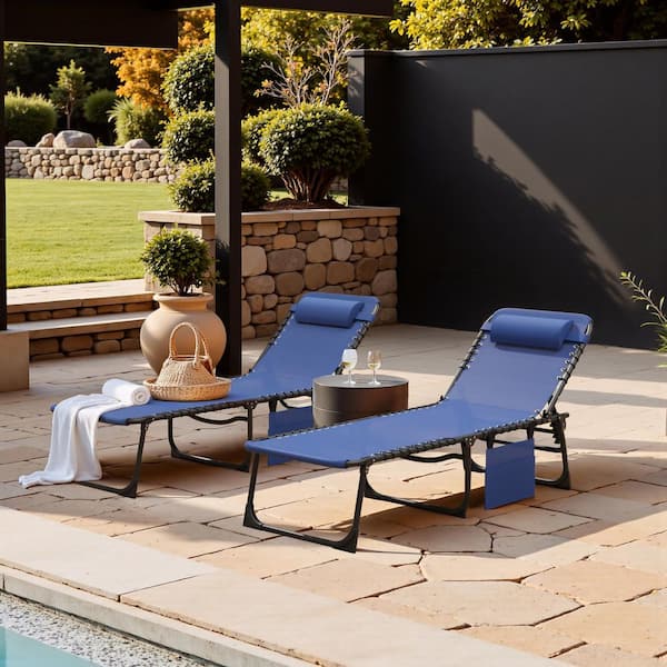 Tozey Black 2-Pieces Metal Folding Outdoor Chaise Lounge, 5-Position Reclining Portable Patio Chair, Blue