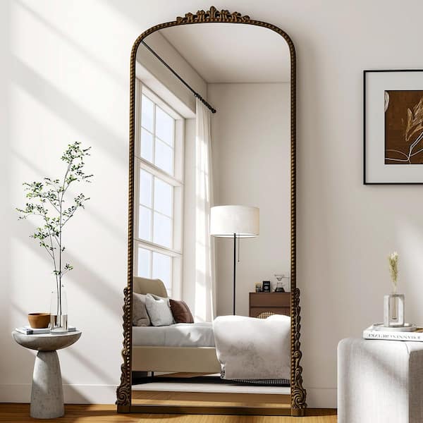 Antique Bronze 32 in. W x 71 in. H Carved Arched PU Frame Full Length Floor Mirror