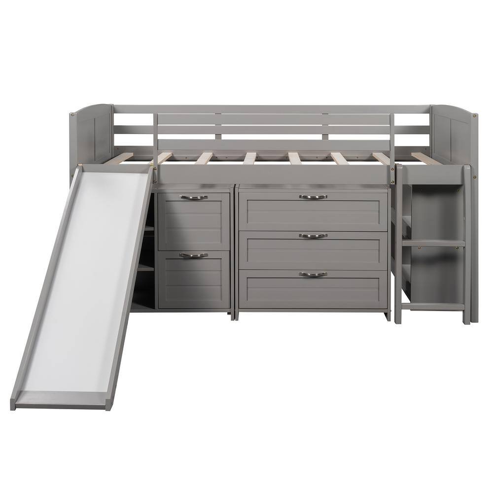 Qualler Gray Twin Size Low Loft Bed with Cabinets, Shelves and Slide ...